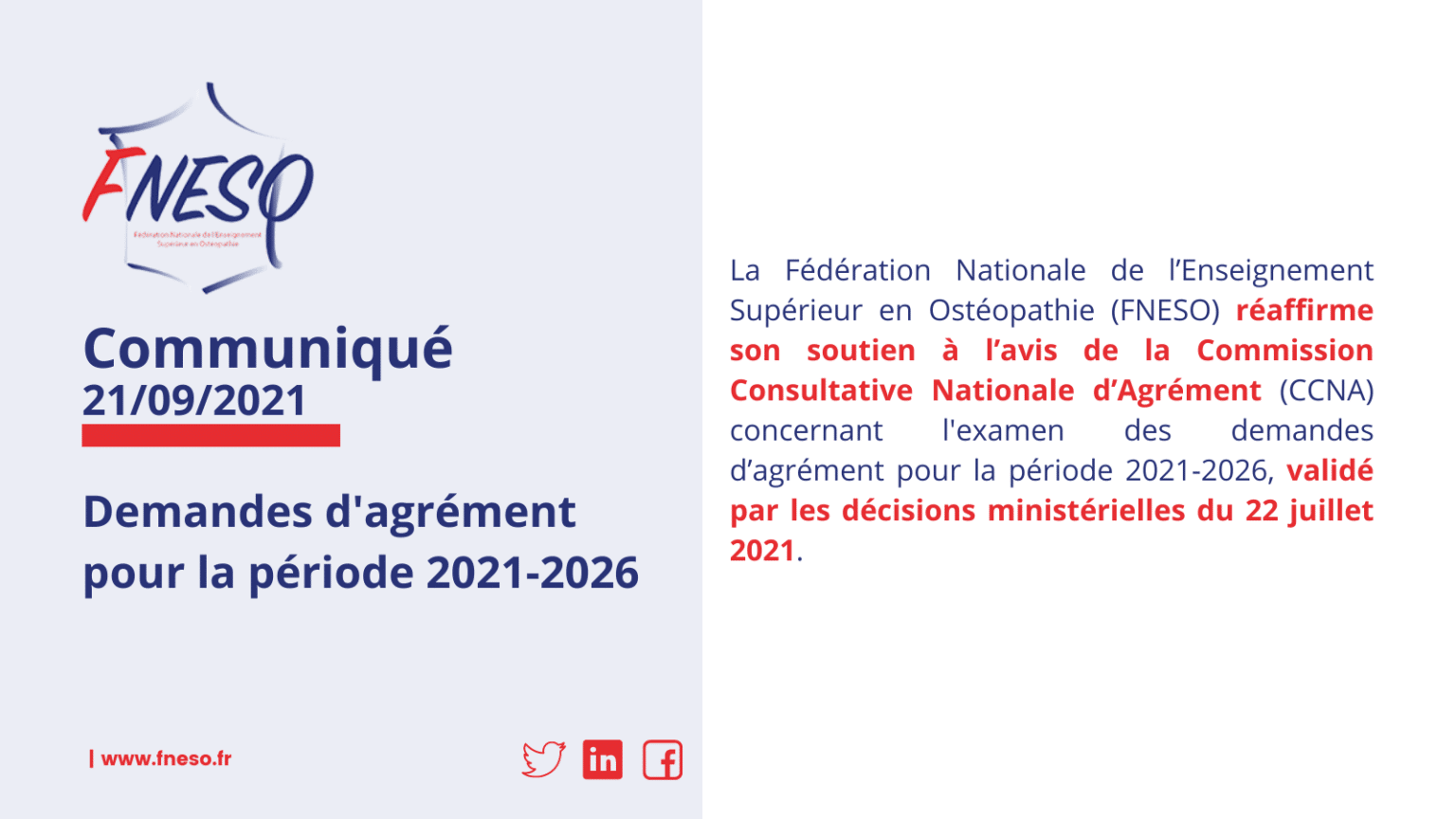 La FNESO réaffirme son soutien à l’avis de la Commission Consultative Nationale d’Agrément (CCNA) concernant l’examen des demandes d’agrément pour la période 2021-2026.