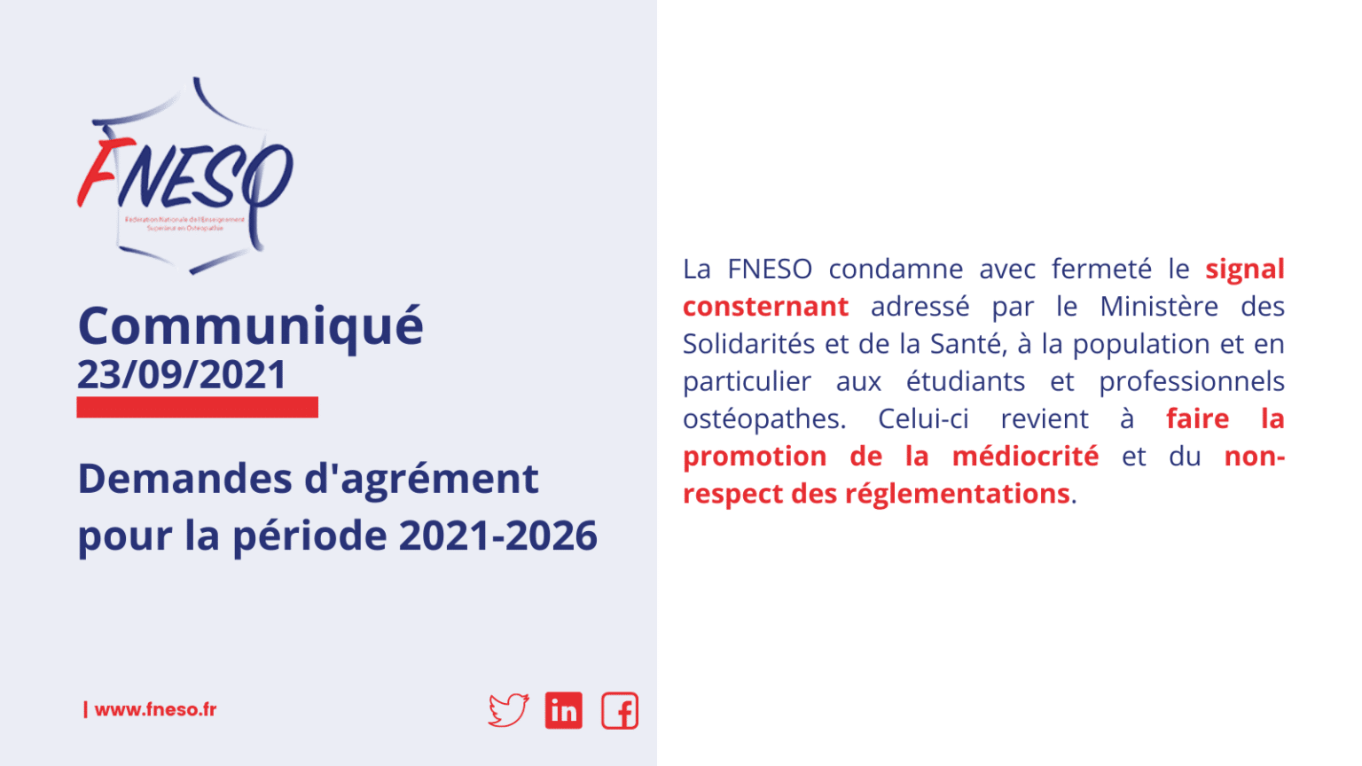 La FNESO condamne avec fermeté la délivrance d’un agrément provisoire par le ministère des Solidarités et de la santé, aux 9 écoles pour lesquelles l'agrément n'avait pas initialement été renouvelé.